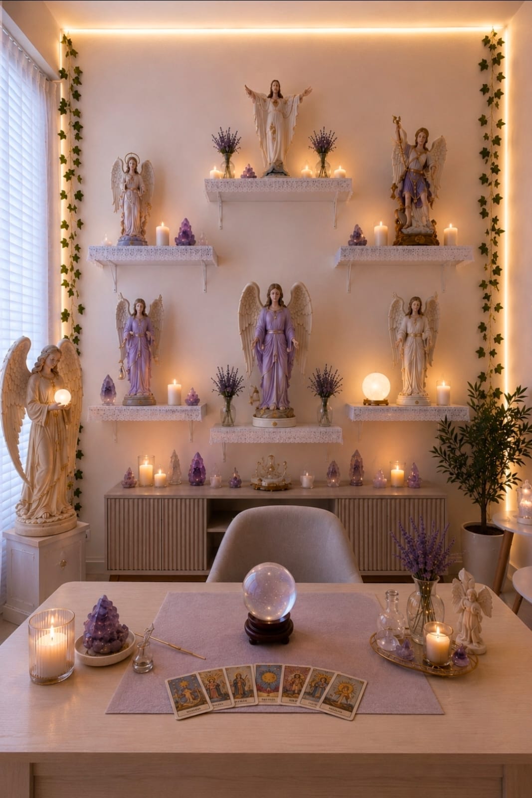 Espaço Mãe da Luz com anjos, velas, cristais e cartas