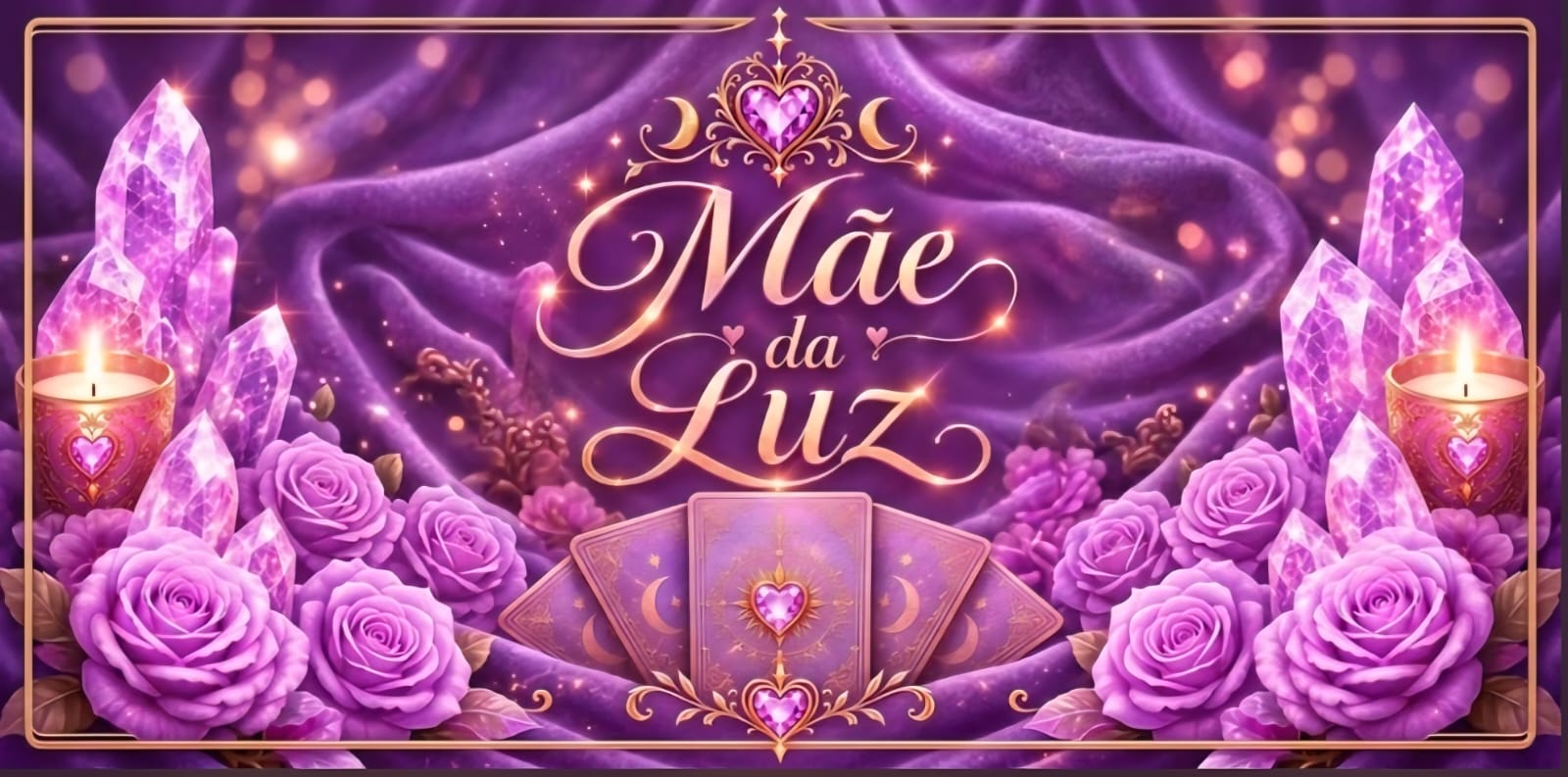 Mãe da Luz, identidade visual em roxo, rosas, cristais e cartas
