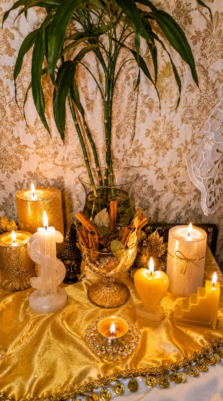 Preparação espiritual dourada com velas e elementos de prosperidade