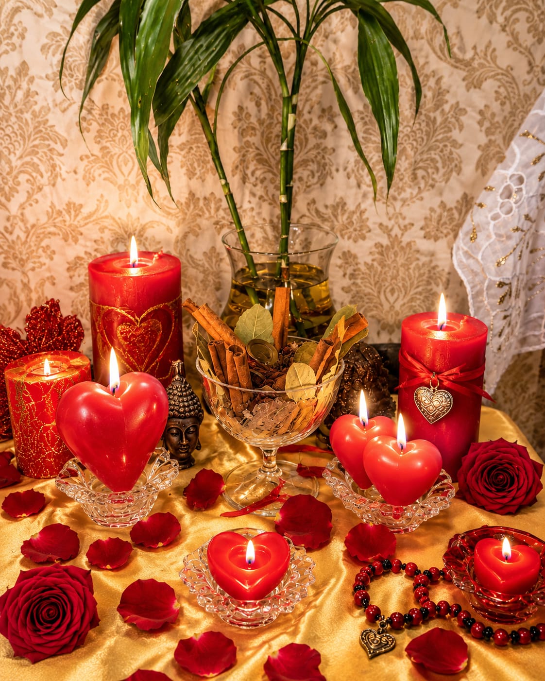 Preparação espiritual com velas vermelhas, rosas e elementos simbólicos